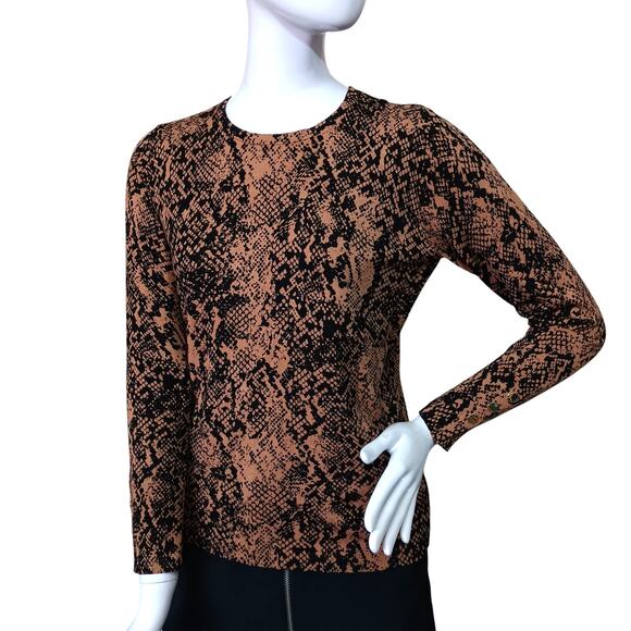 JM Collection Medium Petite Snake Print Top Long Sleeve Brown and Black Pullover - Picture 2 of 11